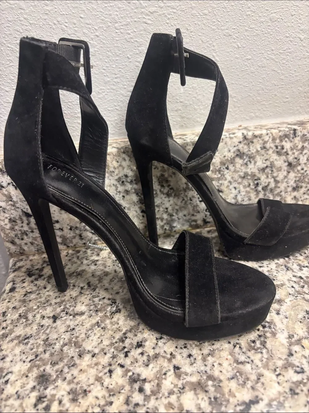 Forever 21 Black Suede Platform Ankle-Strap Stiletto Heels